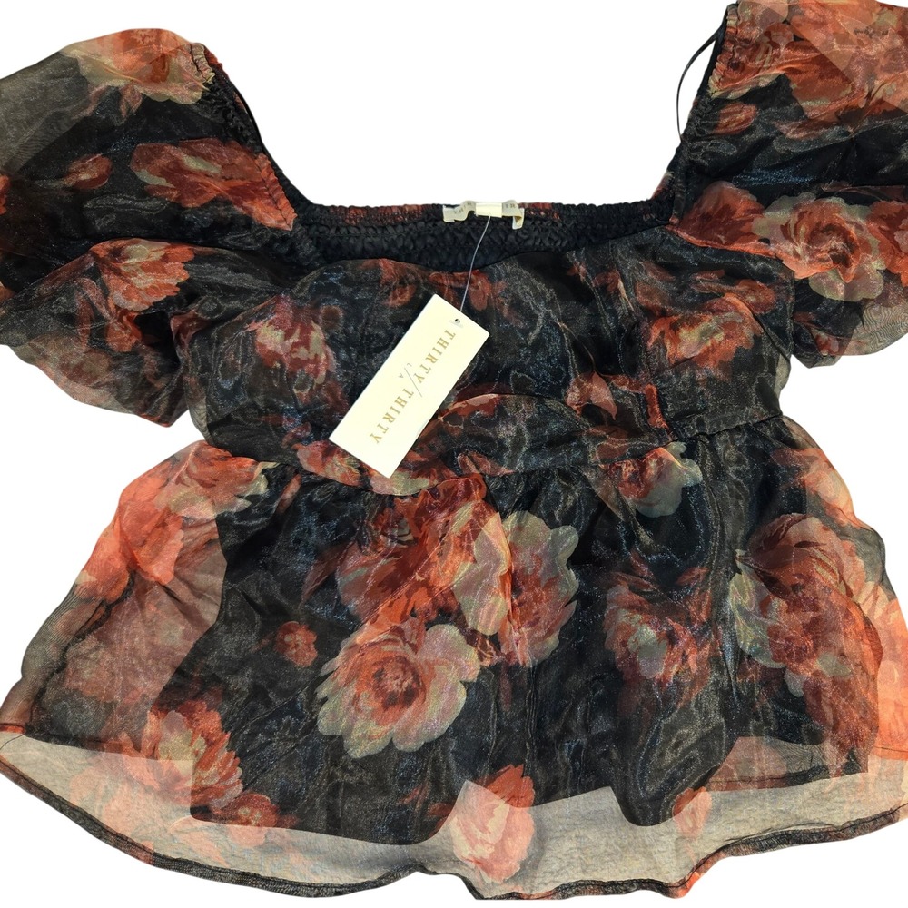 Thirty Thirty LA Floral Organza Puff Sleeve Smocked Peplum Top Black Red Rose M